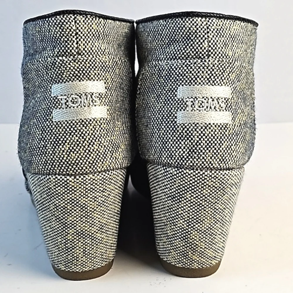 Toms Desert Wedge Linen Tweed Black White Metallic Gold Lace-up Ankle Bootie